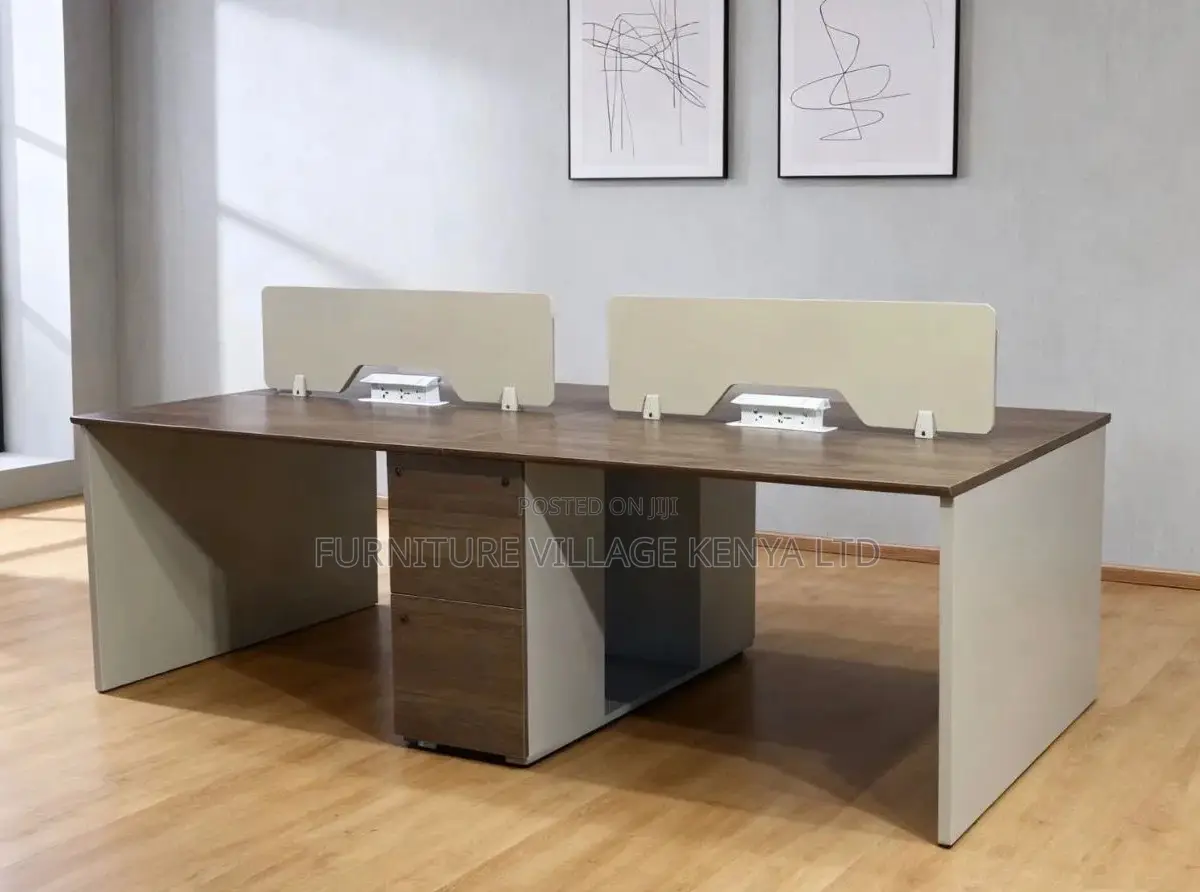 Workstation; 4 Way Brown Modern Imported Office Workstation Desk