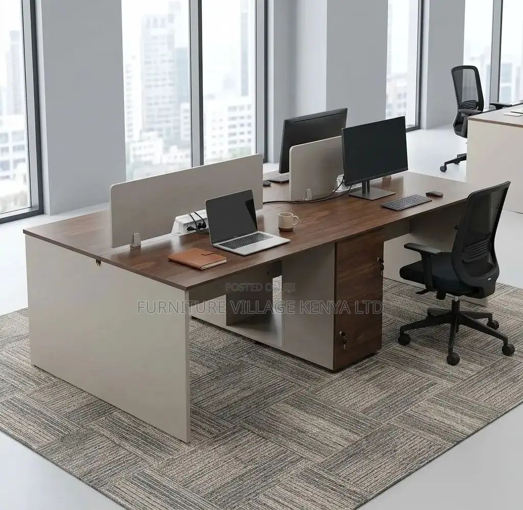 Workstation; 4 Way Brown Modern Imported Office Workstation Desk