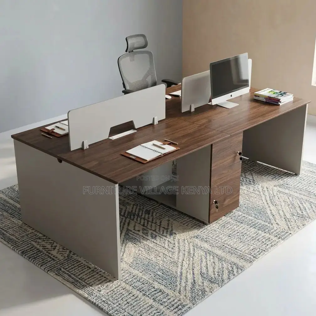 Workstation; 4 Way Brown Modern Imported Office Workstation Desk