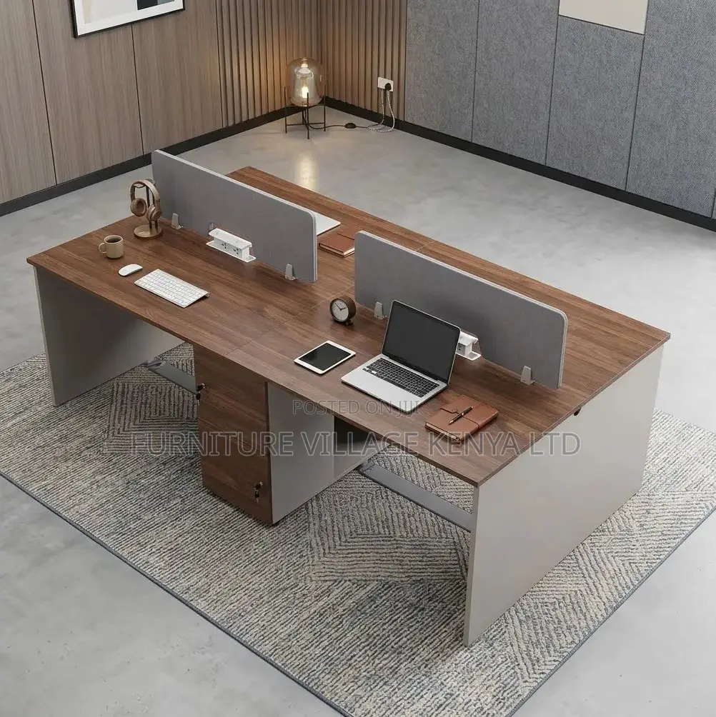 Workstation; 4 Way Brown Modern Imported Office Workstation Desk