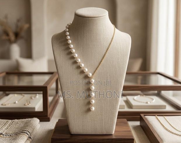  Half-Pearl, Half-Chain Asymmetric Lariat Necklace - thumbnail 2