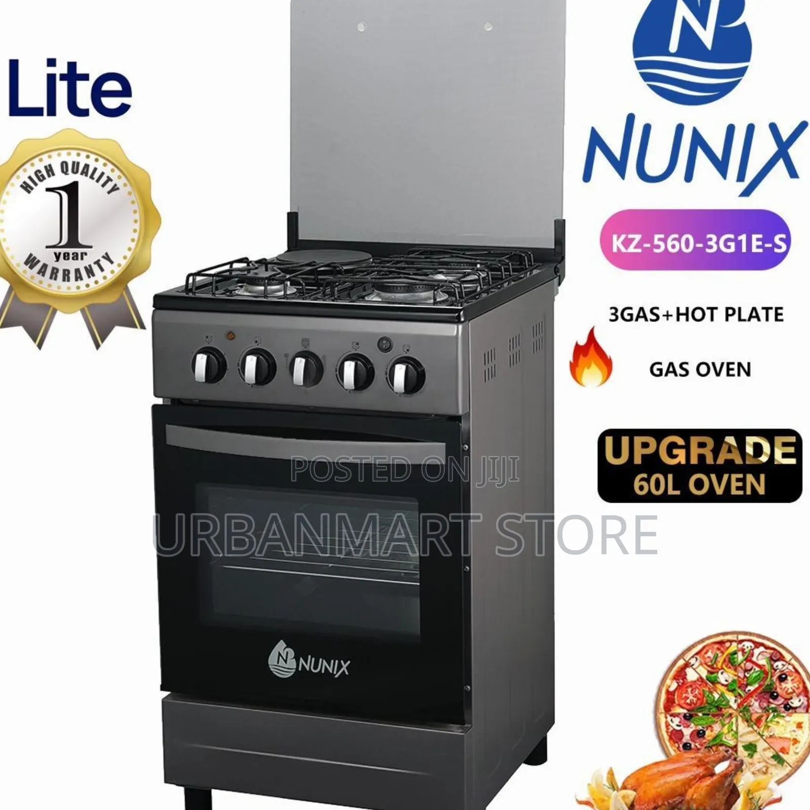 Nunix KZ560 50x60 Cooker 3 Gas Burners + Hot Plate