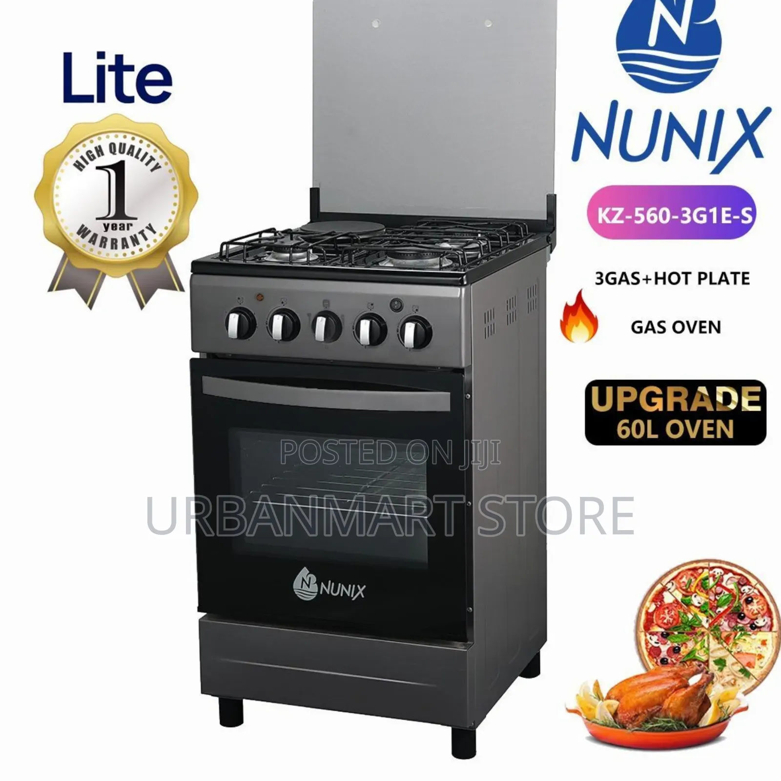 Nunix KZ560 50x60 Cooker 3 Gas Burners + Hot Plate