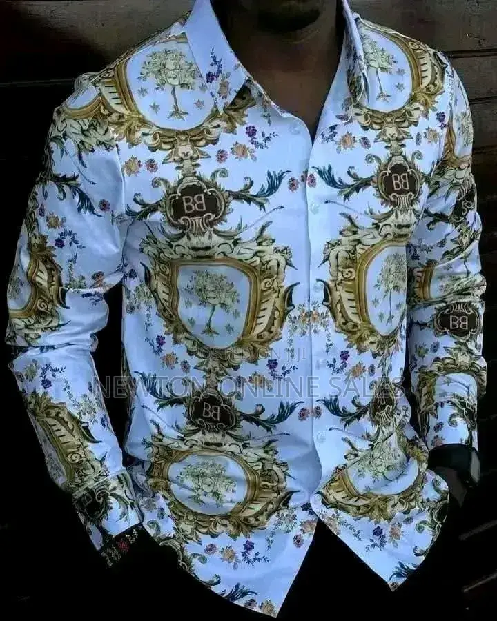 Men's Vintage Baroque Floral Shirt - White Gold - Long Sleeve