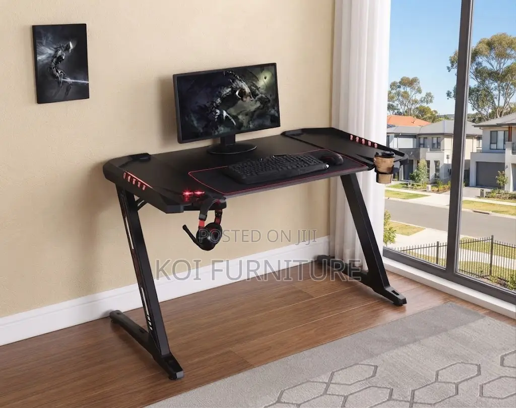 Office Desk; Black Design Office Studio Gaming Desk With Red Frames