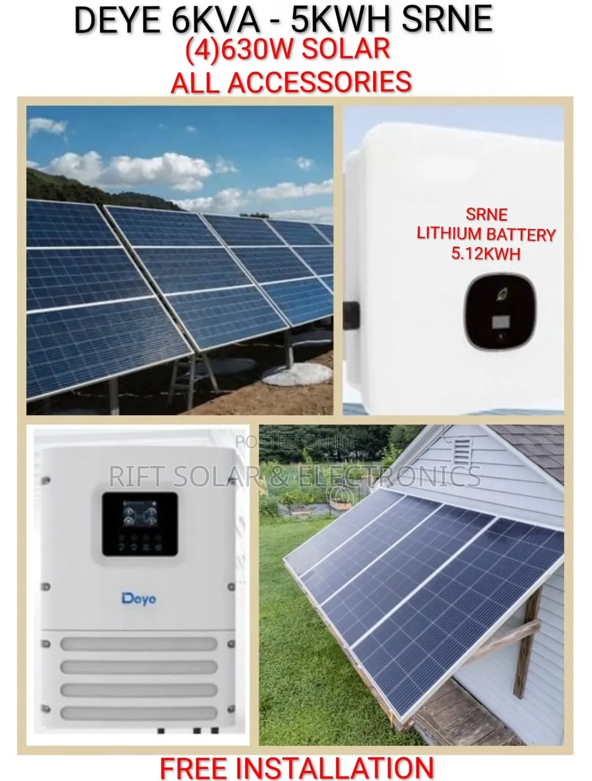 Deye 6kva - 5.12kwh SRNE Lithium - (4)630W Solar - Free Installation