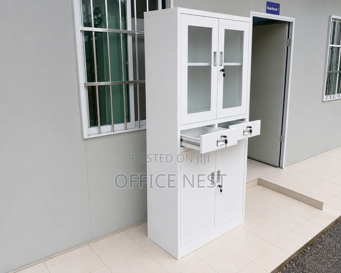 White Office Storage Cabinet With Glass Doors Lockable Drawers