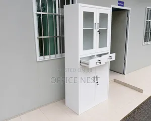 White Office Storage Cabinet With Glass Doors Lockable Drawers