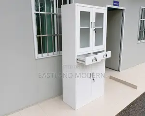 White Office Storage Cabinet With Glass Doors Lockable Drawers