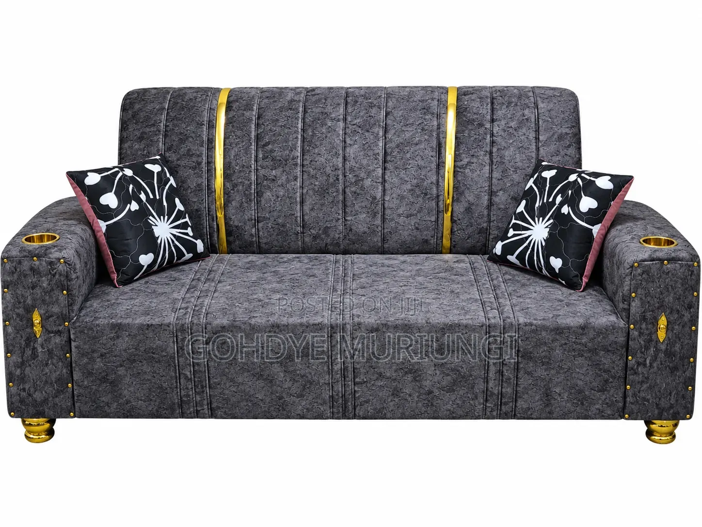 Channel-Tufted Velvet Glam Sofa With Cup Holders and Gold Accents.