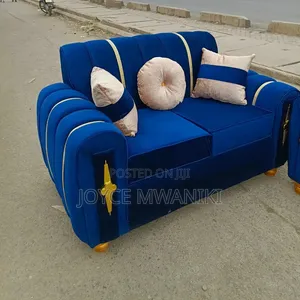 Blue Sofa, 2 Seater With Throw Pillows 