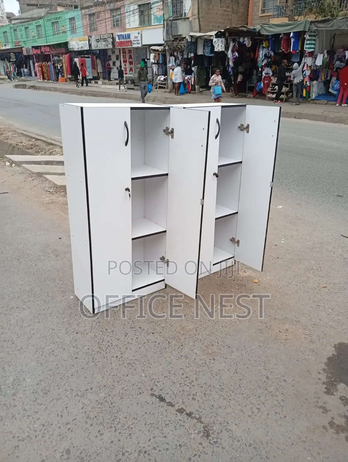 White Office Bookshelf Cabinet – 2-Door Lockable Storage Shelving Unit