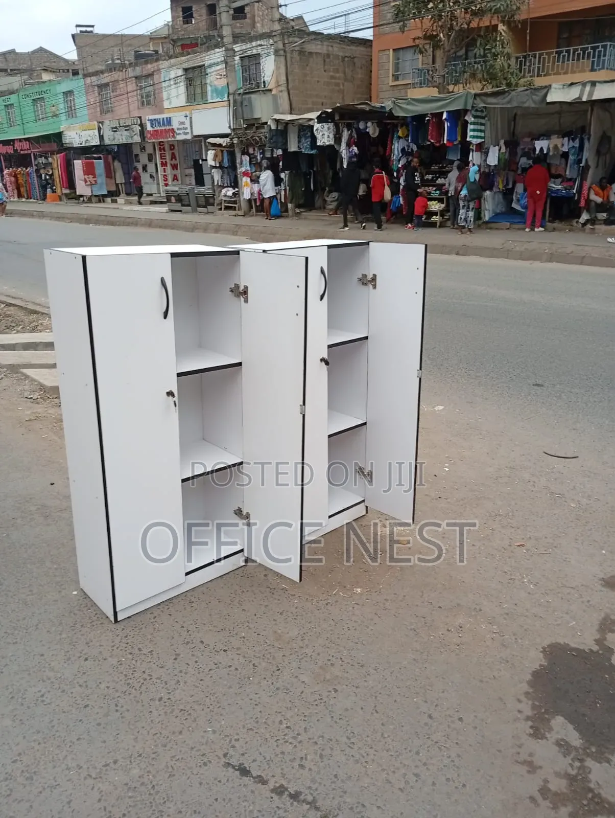 White Office Bookshelf Cabinet – 2-Door Lockable Storage Shelving Unit