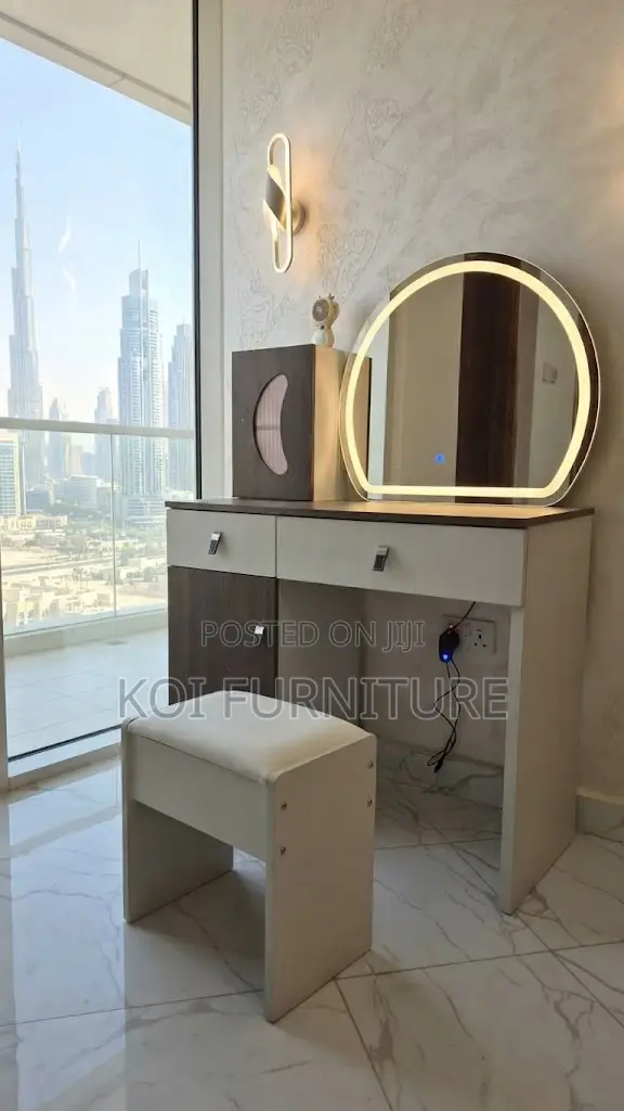 Dressers; Brown Modern Dressing Vanity Set With LED Lights