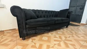 Luxury Black Tufted Sofa, 3 Seater Chester Couch