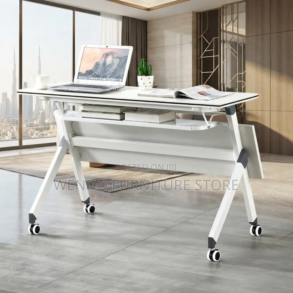 Office Desk; 120cm White Foldable Home Office Meeting Table With Wheel