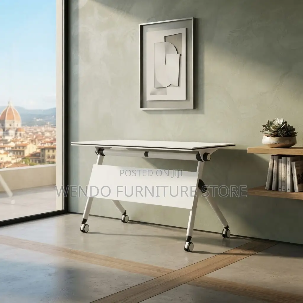 Office Desk; 120cm White Foldable Home Office Meeting Table With Wheel