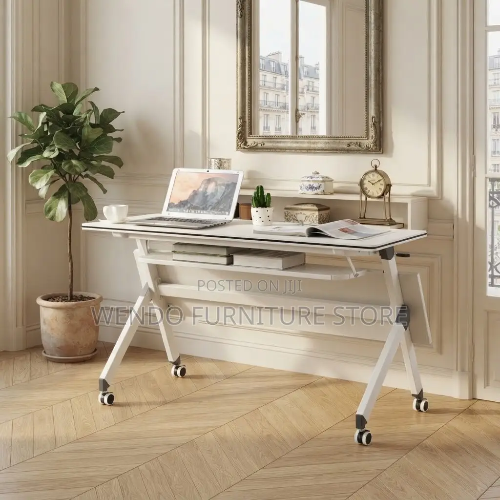 Office Desk; 120cm White Foldable Home Office Meeting Table With Wheel