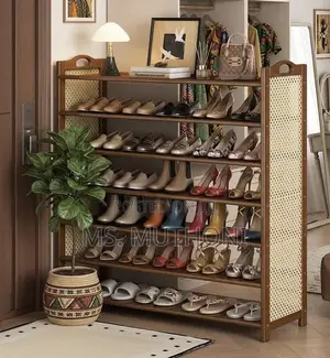 Freestanding Bamboo Shoe Organizer With Rattan Panels