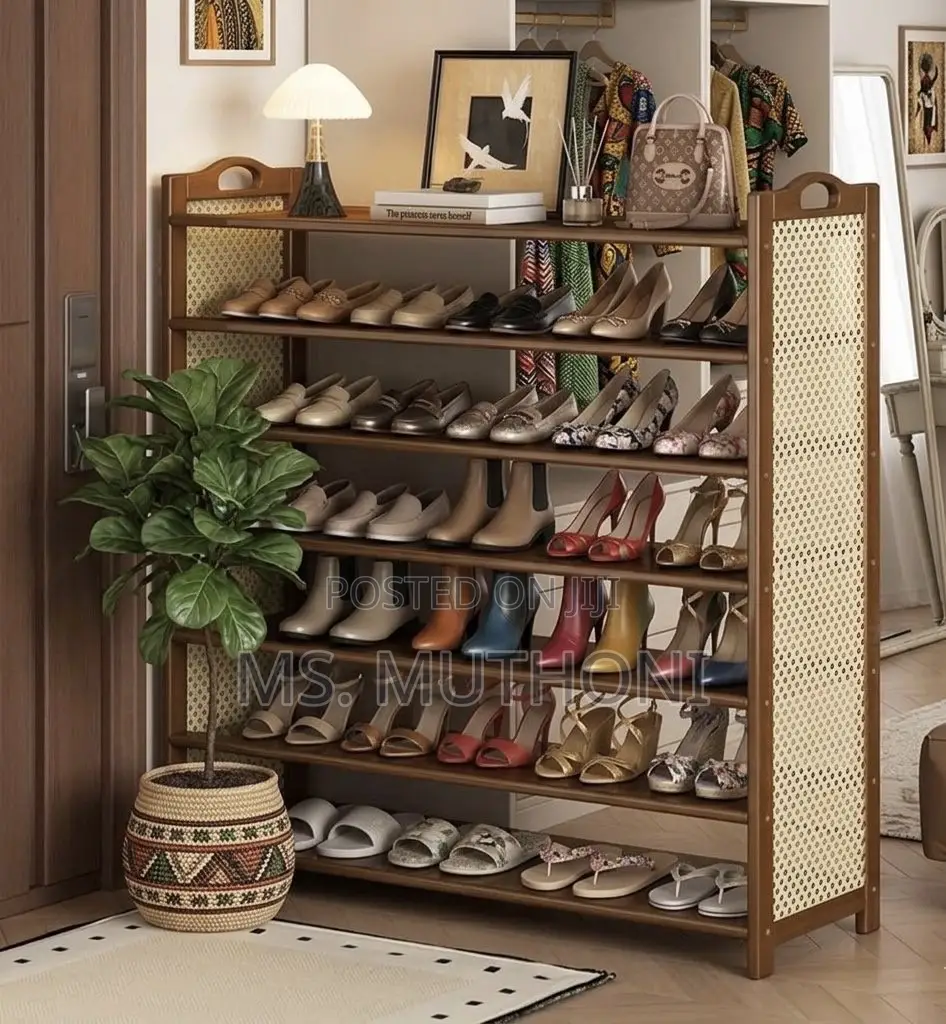 Freestanding Bamboo Shoe Organizer With Rattan Panels