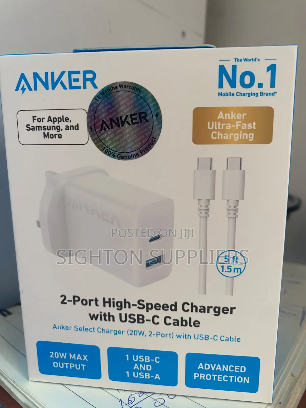 Anker Charger (20W, 2 PORTS) With USB-C Cable