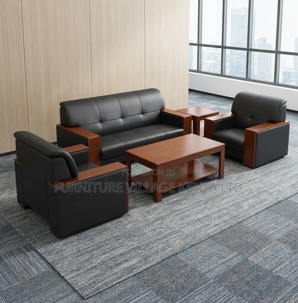 Sofas; Imported Executive 5 Seater Black Leather Office Reception Sofa