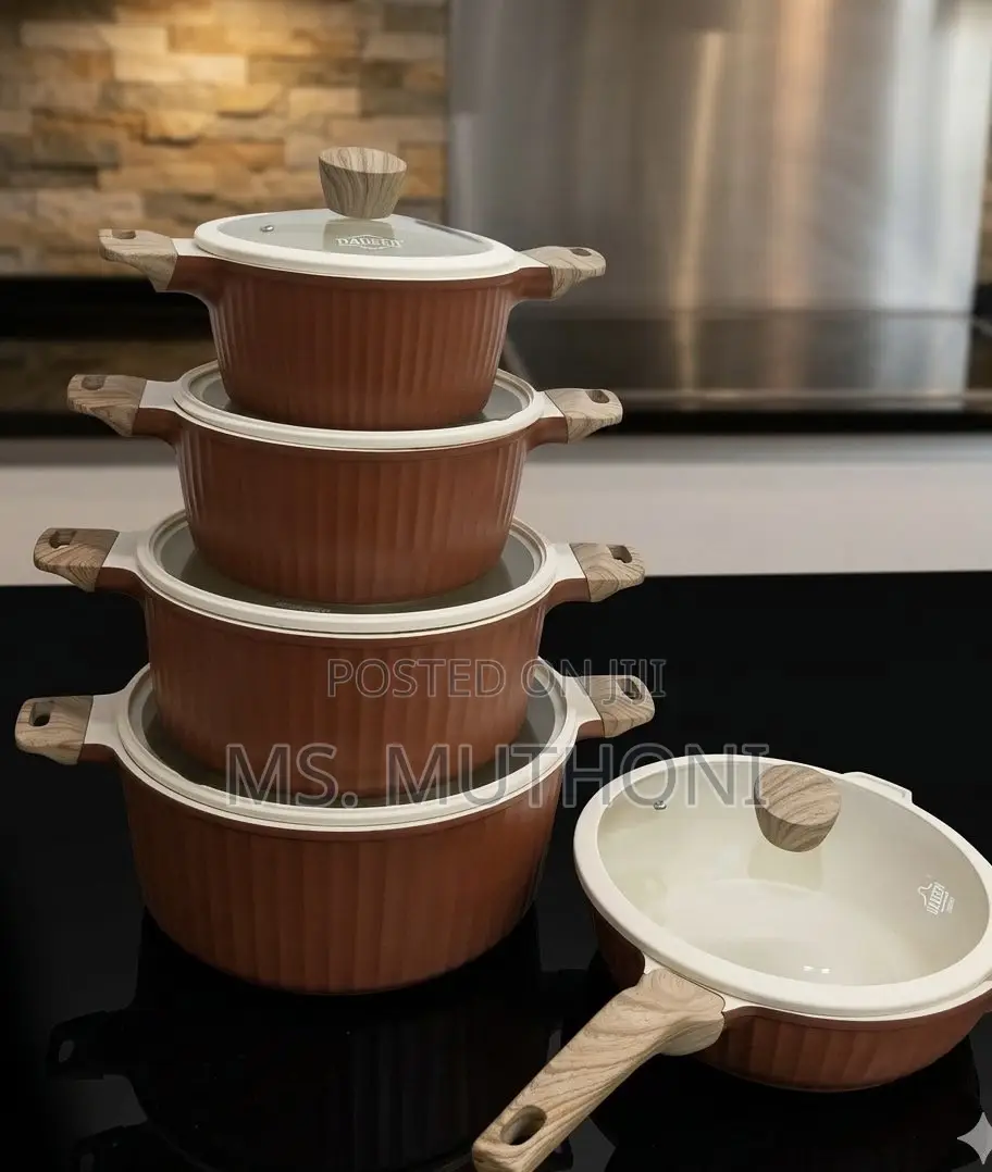 UAKEEN Ribbed Non-Stick Cookware Pots W/ Glass Lids Wood-Look Handles