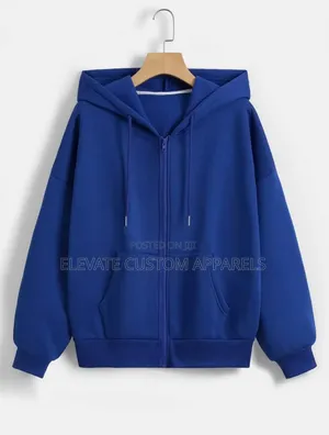 Casual Royal Blue Oversized Zip-Up Hoodie"