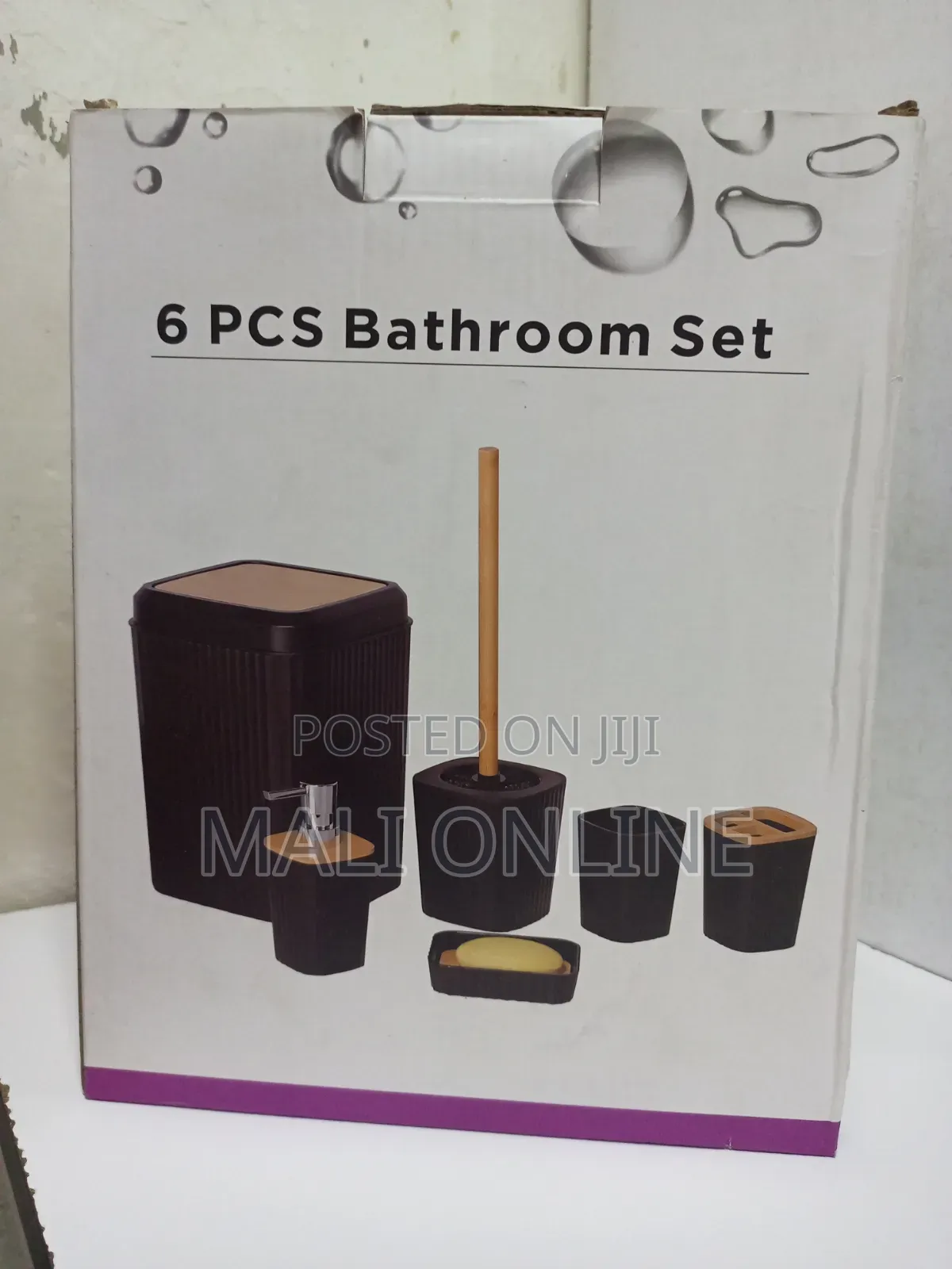 6pc Modern Black Bamboo Bathroom Accessories Set With Trash Can