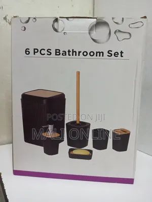6pc Modern Black Bamboo Bathroom Accessories Set With Trash Can