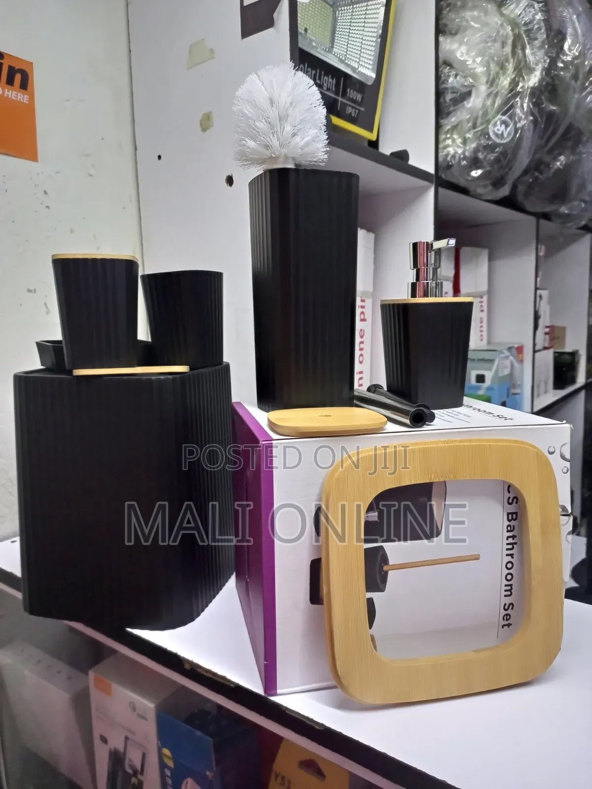 6pc Modern Black Bamboo Bathroom Accessories Set With Trash Can