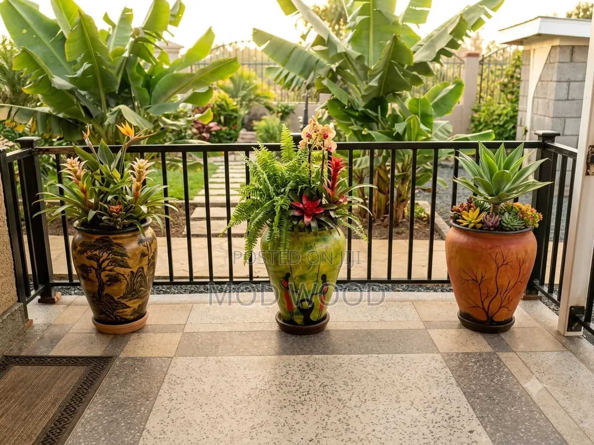 Hand-Painted Artistic Ceramic Planter Trio for Stylish Patios