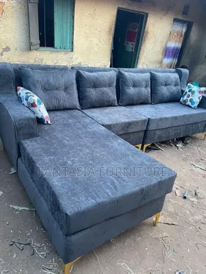7 Seater L-Shaped Dark Grey/White/Cream Sofa