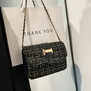 Elegant Tweed Crossbody Flap Bag With Gold Chain Strap