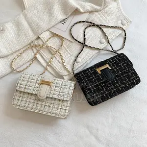 Elegant Tweed Crossbody Flap Bag With Gold Chain Strap