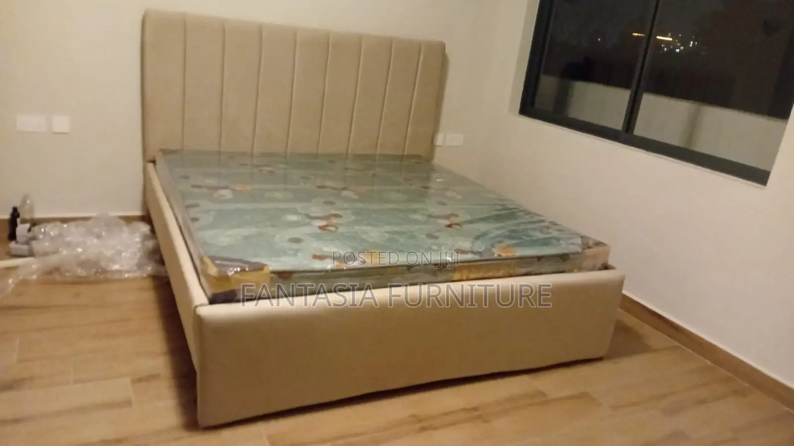 5x6 Beige Channel-Tufted Chester Bed: Free Delivery