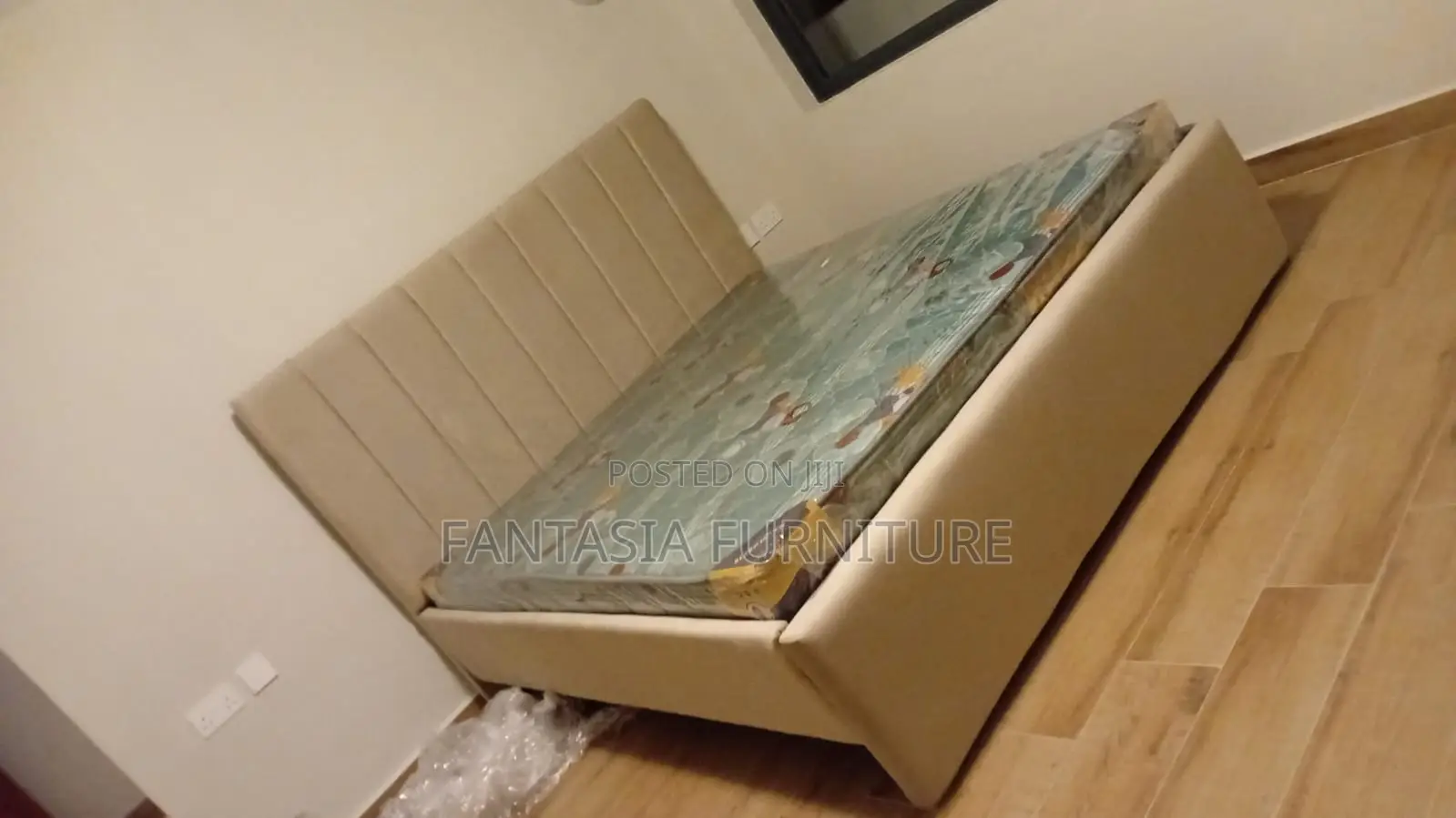 5x6 Beige Channel-Tufted Chester Bed: Free Delivery