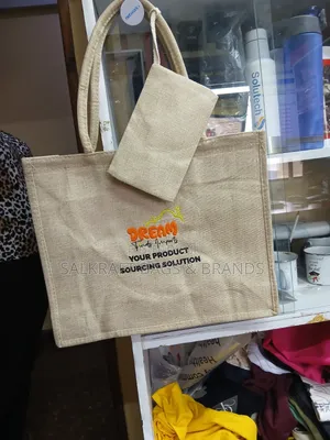 Woven Jute Tote Bag With Dual Braided Handles and Custom Printed Logo