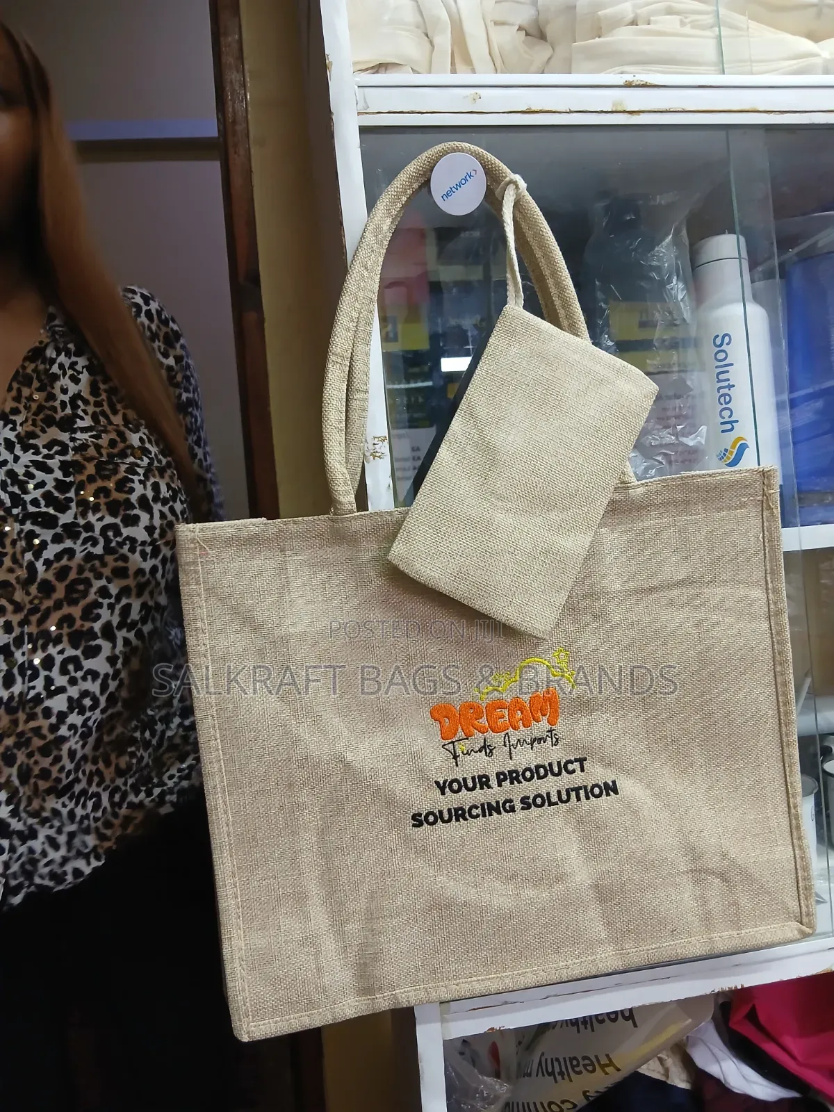 Woven Jute Tote Bag With Dual Braided Handles and Custom Printed Logo