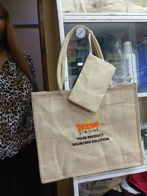 Woven Jute Tote Bag With Dual Braided Handles and Custom Printed Logo