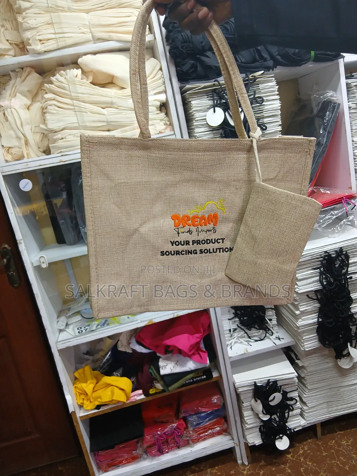 Beige, Woven Jute Tote Bag With Dual Braided Handles and a Custom Logo