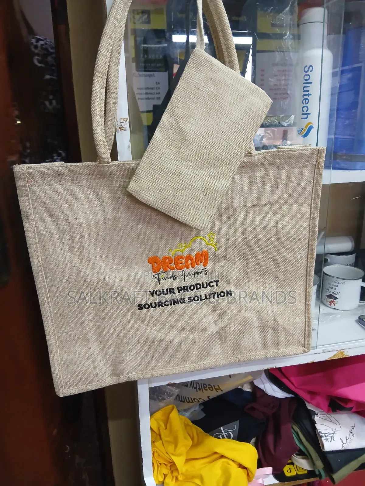 Beige, Woven Jute Tote Bag With Dual Braided Handles and a Custom Logo