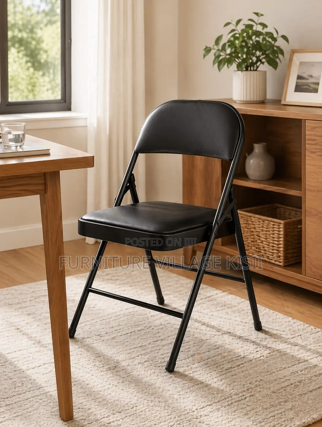 Office Chair; Black Leather Foldable Chair.