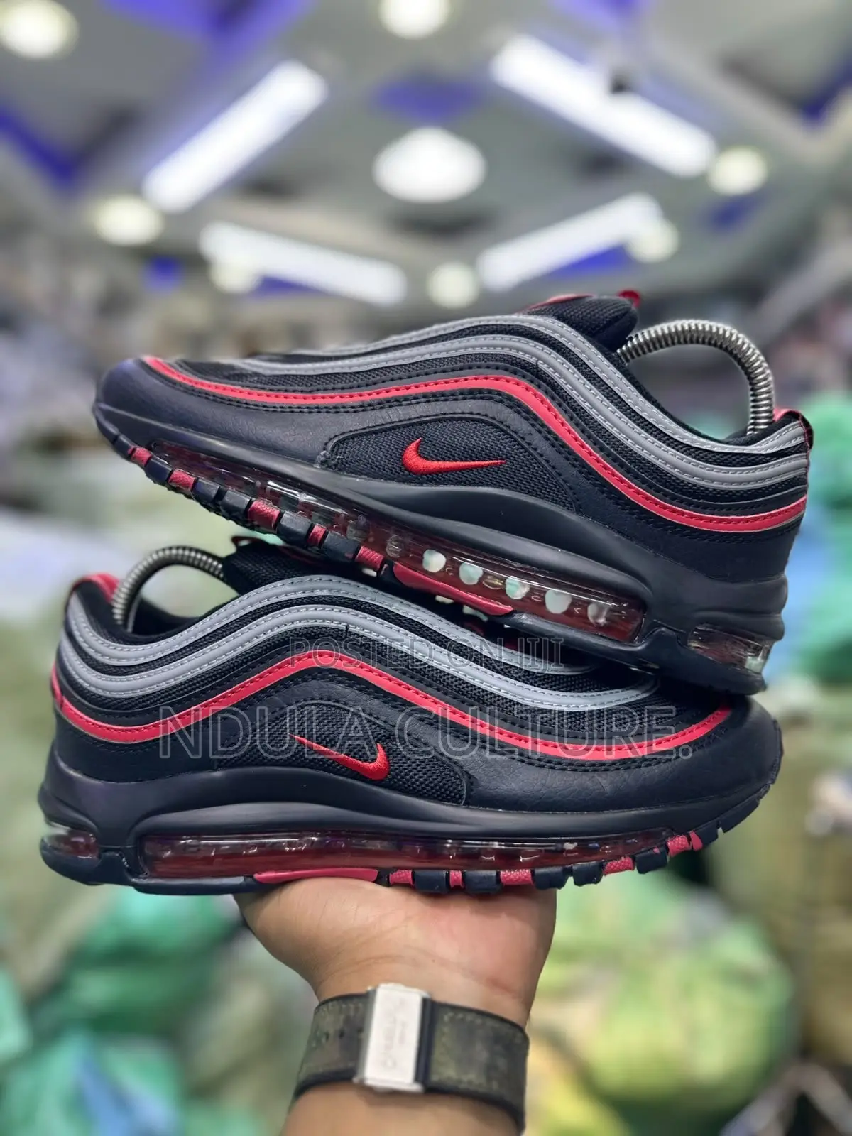 Black, Red, and Silver Nike Air Max 97