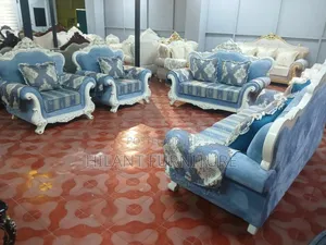 Luxury 7-Seater Classic Sofa Set 3+2+1+1 – Royal Blue White