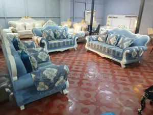 Luxury 7-Seater Classic Sofa Set 3+2+1+1 – Royal Blue White