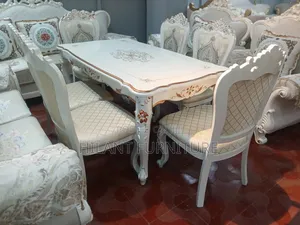 Royal White Gold Carved Wooden 6-Seater Dining Table Set