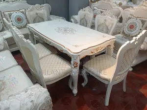 Royal White Gold Carved Wooden 6-Seater Dining Table Set