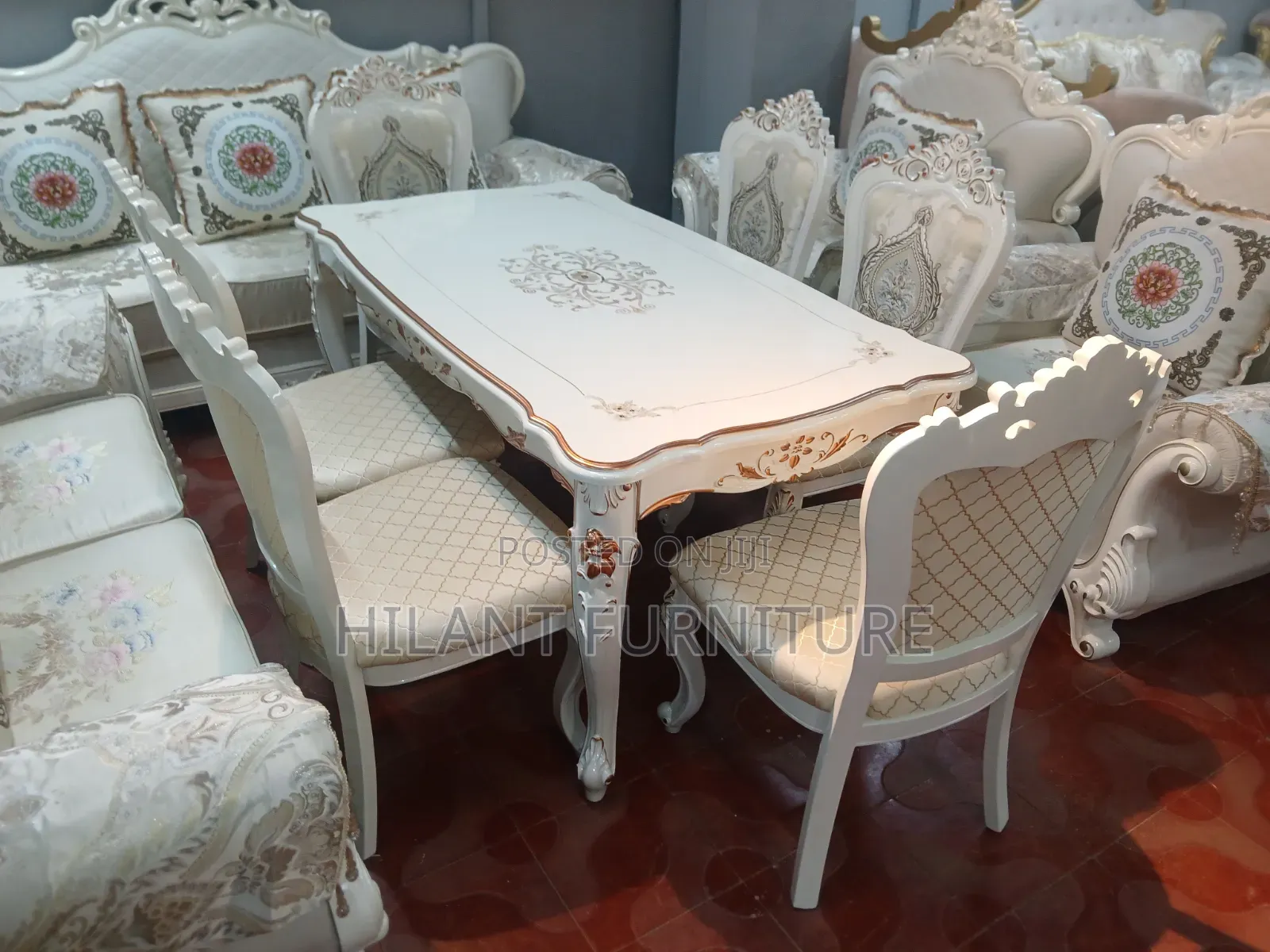 Royal White Gold Carved Wooden 6-Seater Dining Table Set