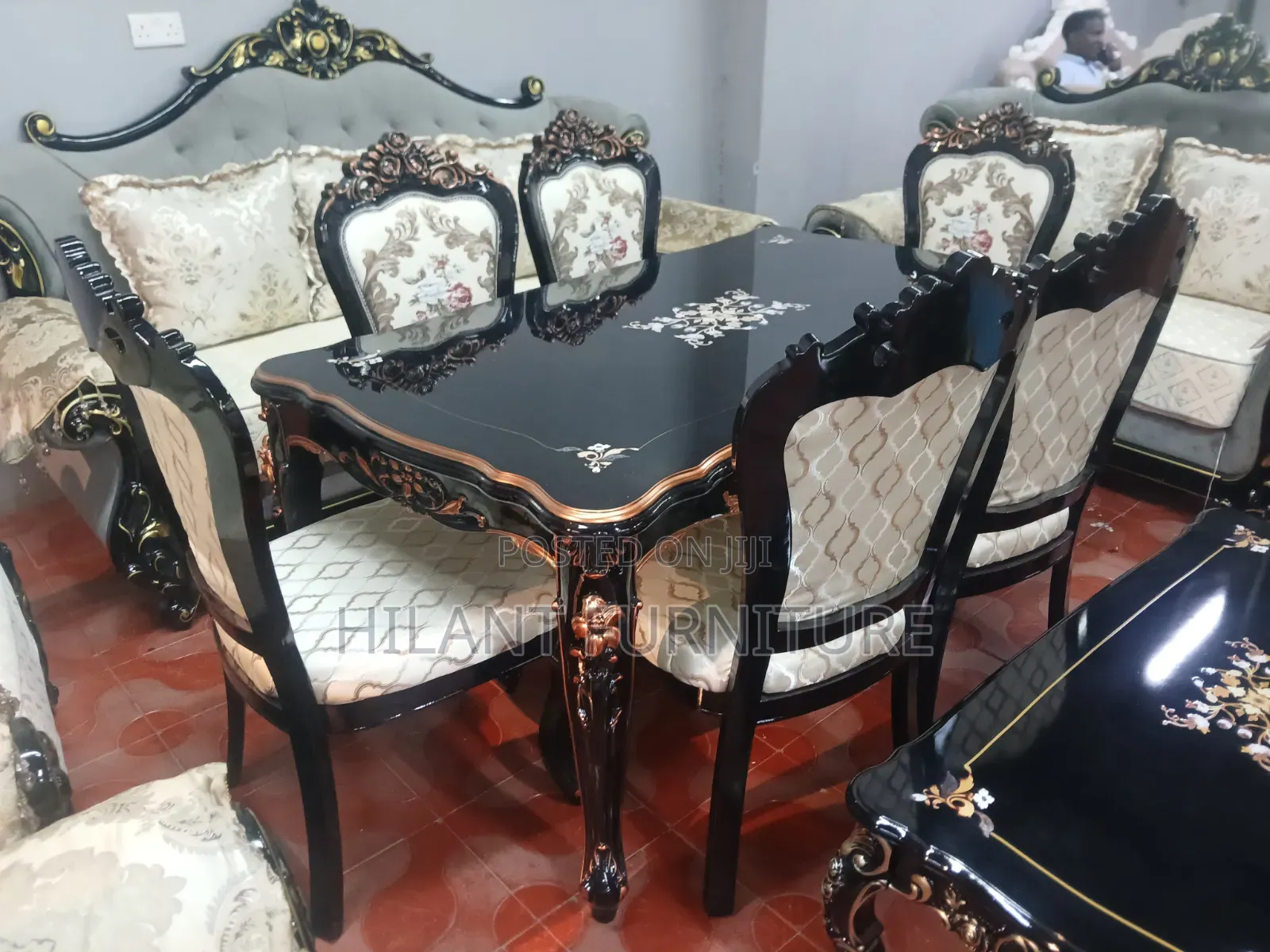 6-Seater Wooden Dining Table Set – Black Gold Luxury Design